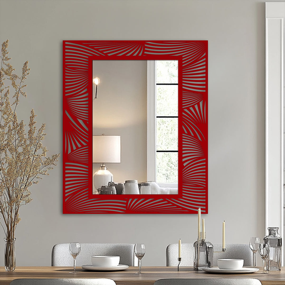 Vertically oriented rectangular mirror features a distinctive wave pattern frame, adding decorative metal art to enhance a room's aesthetic.