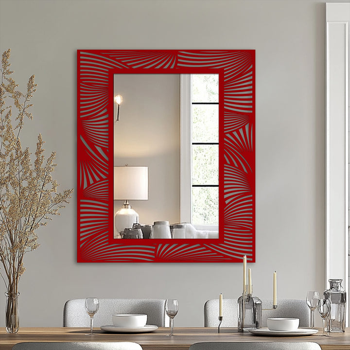 Vertically oriented rectangular mirror features a distinctive wave pattern frame, adding decorative metal art to enhance a room's aesthetic.