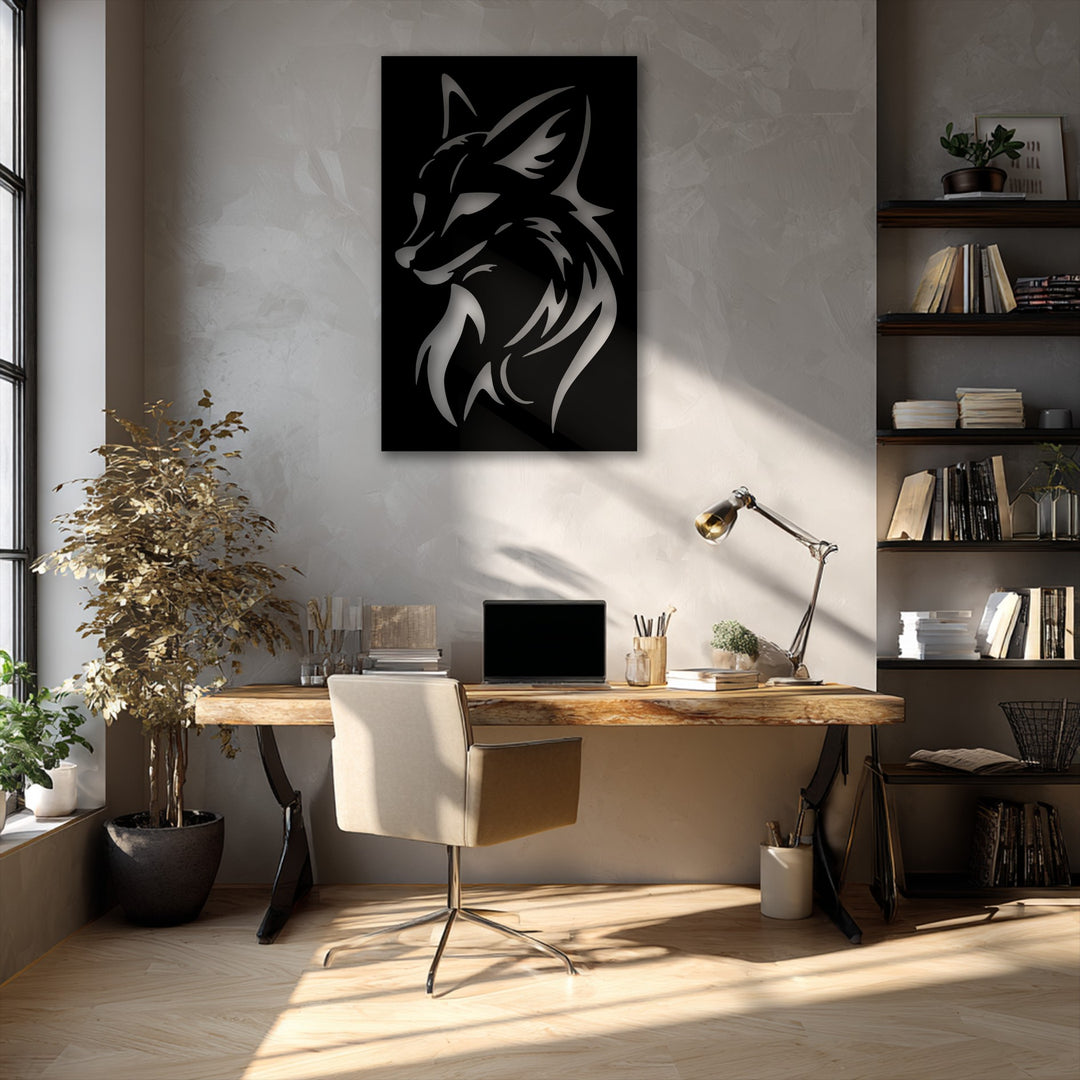 The imposing stillness of a fierce tribal wolf head metal art for wall commands attention amidst the quiet warmth of a sunlit home office.