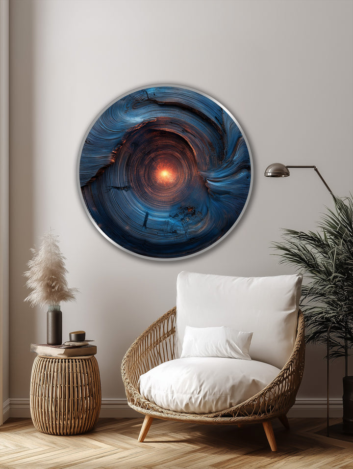 Deepest in the spiraling wood design, the abstract blue and bronze oil painting wall art hints at a hidden core, a unique round celestial piece.