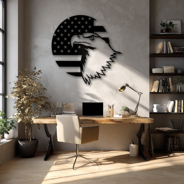 Radiant sunlight spills across the gleaming wooden floor, softly highlighting the bold American Flag Patriotic Eagle decorative metal art above the desk.