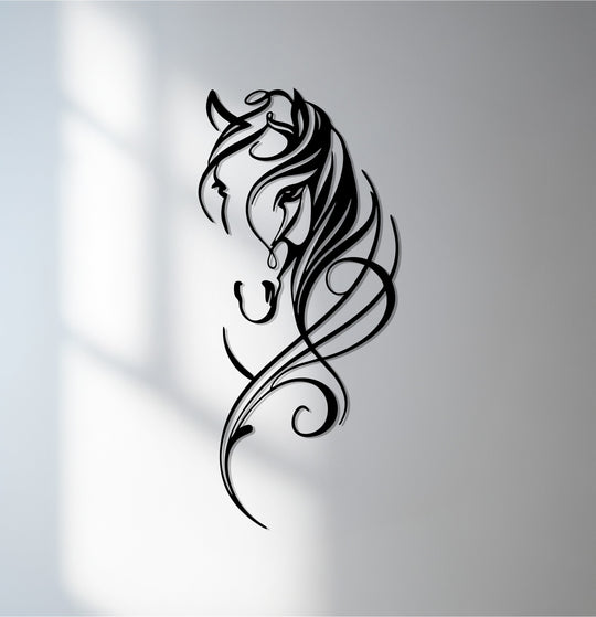 Negative space defines the elegant equine line design of this graceful horse silhouette metal art for wall, creating a striking visual.