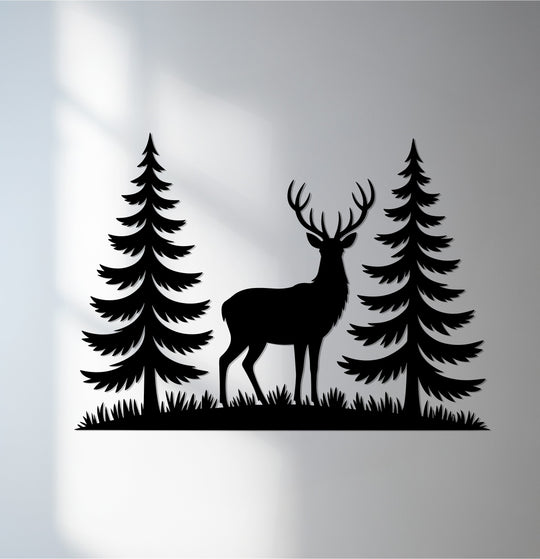 Shadows define the captivating deer metal artwork amongst silhouettes of pine trees in this serene forest, perfect for rustic cabin décor.