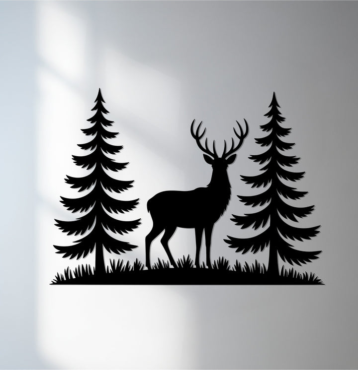 Rustic deer metal wall art with pine trees design