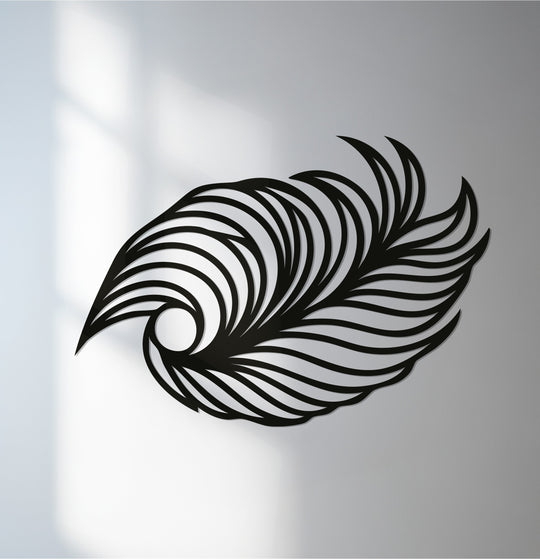 Bold black metal artwork of an abstract feather design commands attention, its flowing lines create a striking statement piece on the light backdrop.