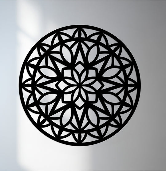 Minimal color saturation emphasizes the laser-cut details of the infinite bloom mandala metal art for wall, highlighting its intricate geometric pattern.