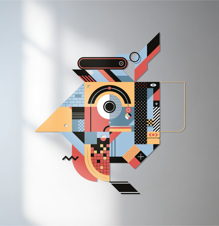 Geometric bird metal wall art in colorful modern abstract style