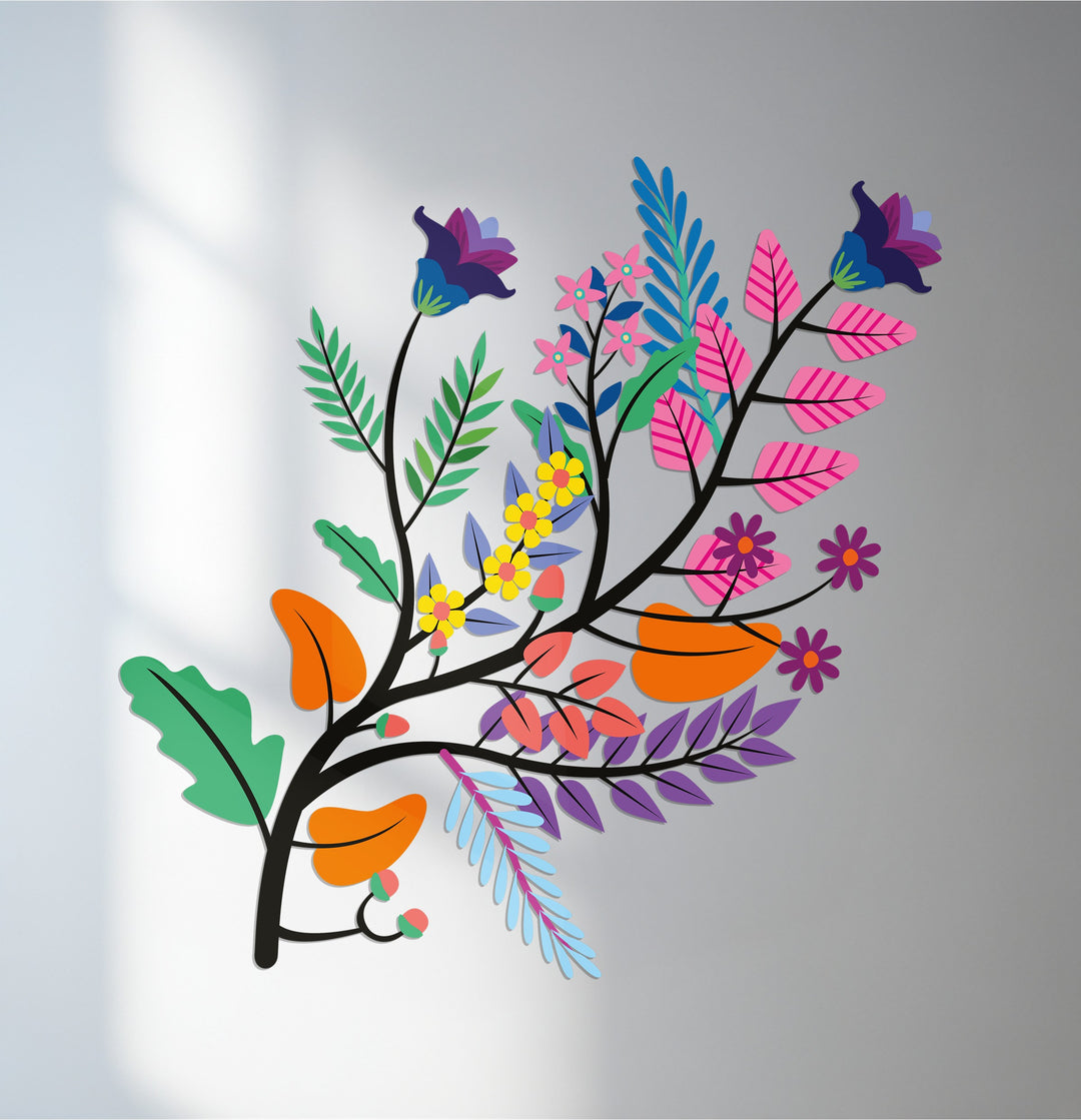 Showcasing the organic forms of a vibrant botanical branch as a unique metal wall art piece, with an array of colorful floral and leaf designs.