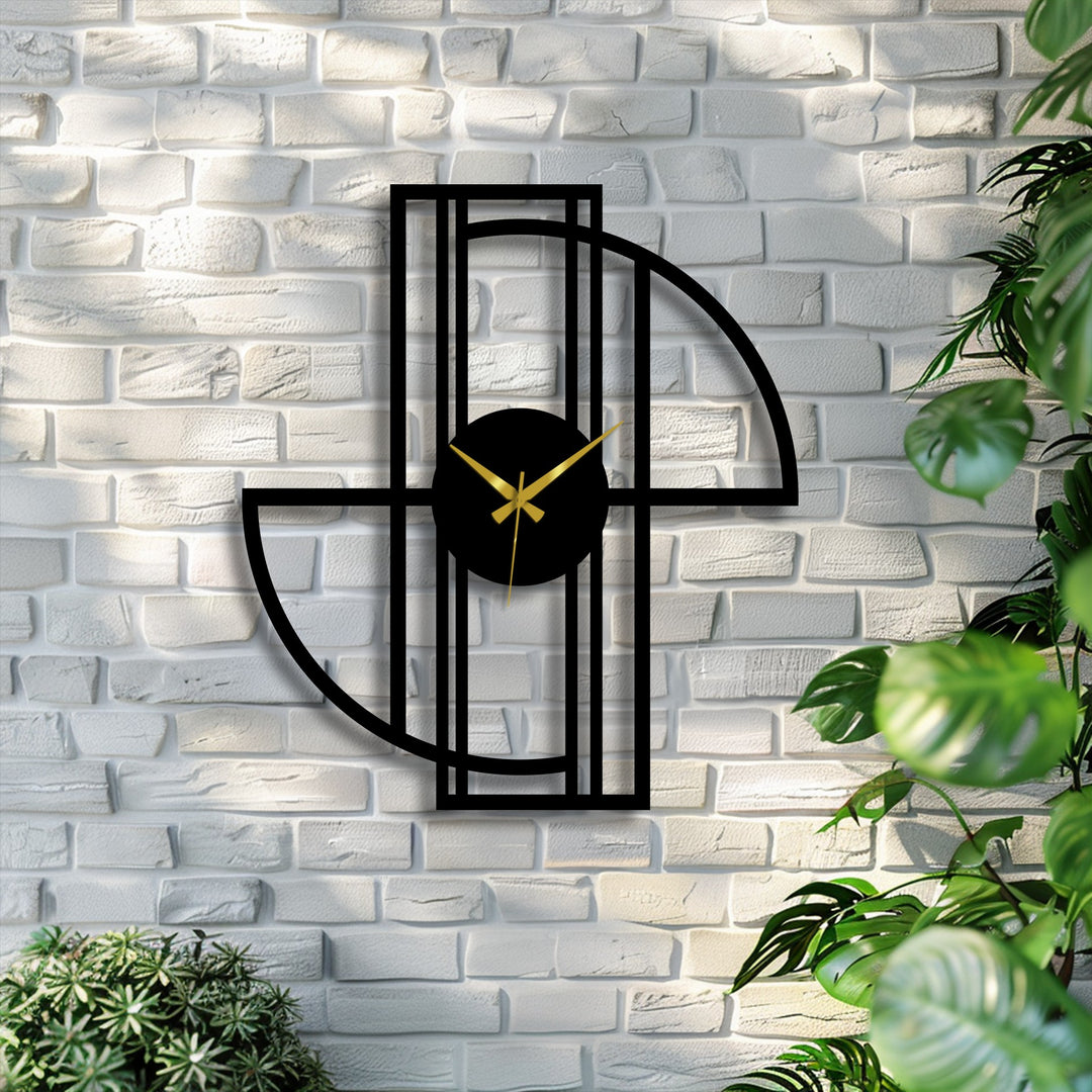 Black is the dominant color of this geometric frame metal wall clock featuring a modern minimal design in decorative metal art against a textured backdrop.