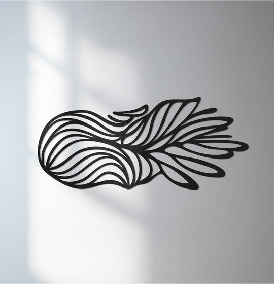 Negative space defines the organic shapes in this flowing wave metal artwork, creating a striking metal artwork pattern.