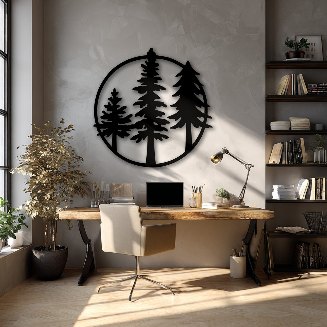 The striking circular Evergreen Circle metal artwork prominently displays three stylized pine trees against a textured wall.