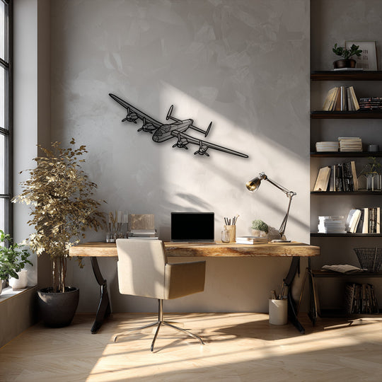 Gentle sunlight and soft shadows softly illuminate the striking vintage airplane unique metal wall art above a cozy wooden desk.
