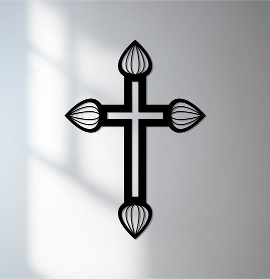 Light gray is the dominant color of the backdrop that highlights this decorative metal art, showcasing a sacred blossom-shaped silver petal cross.