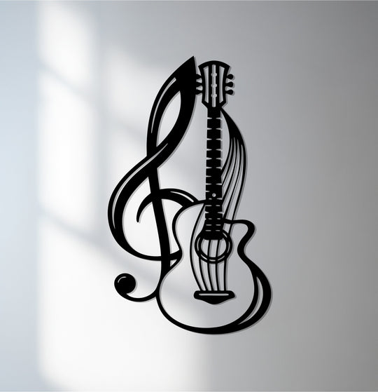 Foreground detail emphasizes the intricate curves of the decorative metal art, a stylish guitar and music note silhouette, offering a modern musical touch.