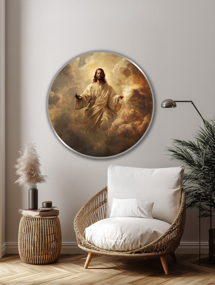 Radiant light highlights the luminous figure in this heavenly grace oil painting decoration, depicting Christ amidst swirling clouds in a golden, round frame.