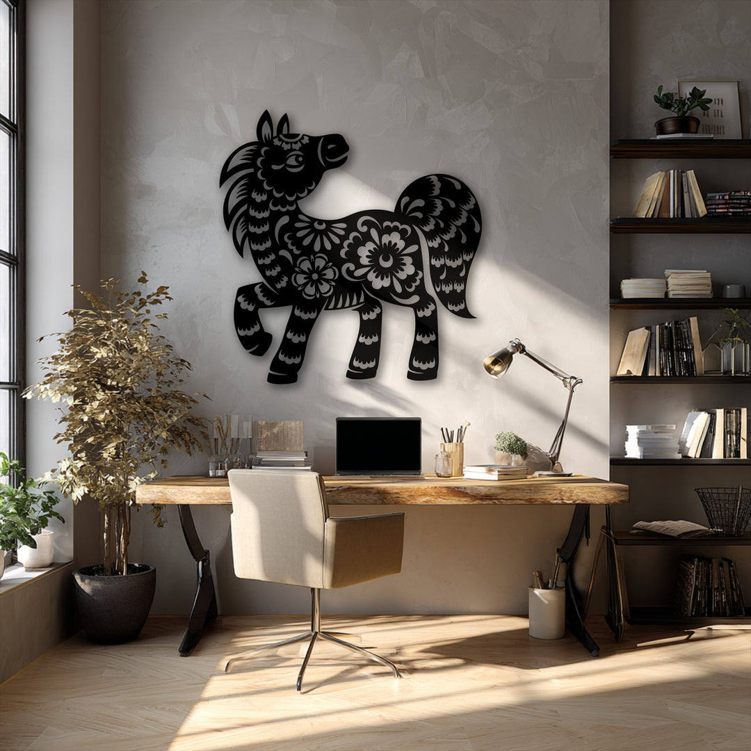 Bright sunlight illuminates the pale wooden floor and textured wall, enhancing the decorative floral pony silhouette metal artwork.