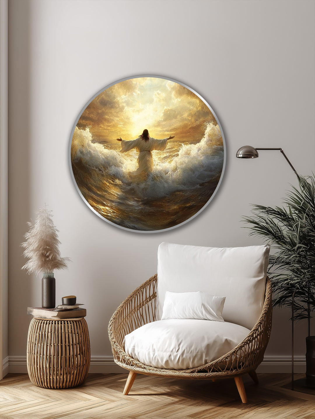 Golden sunrise modern oil painting art illuminates an ethereal sky with soft clouds, creating a serene backdrop for radiant faith oil painting wall art.