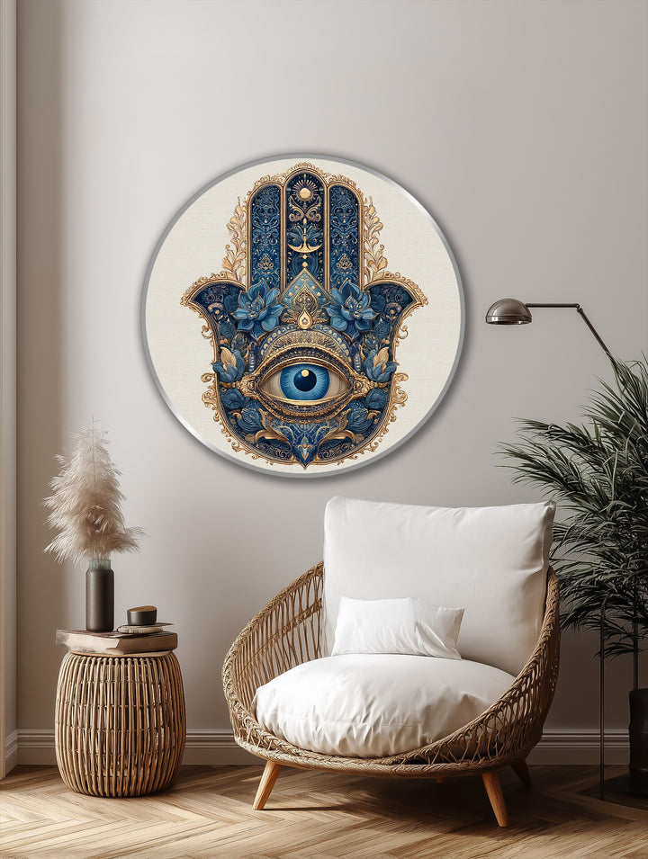Dominating the scene, the intricately ornate Royal Hamsa Vision is a striking oil painting decoration showcasing spiritual symbolism in rich blues and golds.
