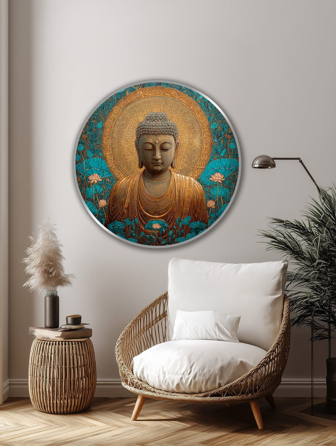 The stillness of the golden Buddha in this oil painting art prints captures a serene and contemplative scene amid tranquil lotus flowers.