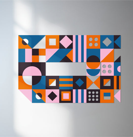 Cool color temperature dominates this geometric shapes design in metal wall decor, creating a vibrant and eye-catching modern abstract art piece.