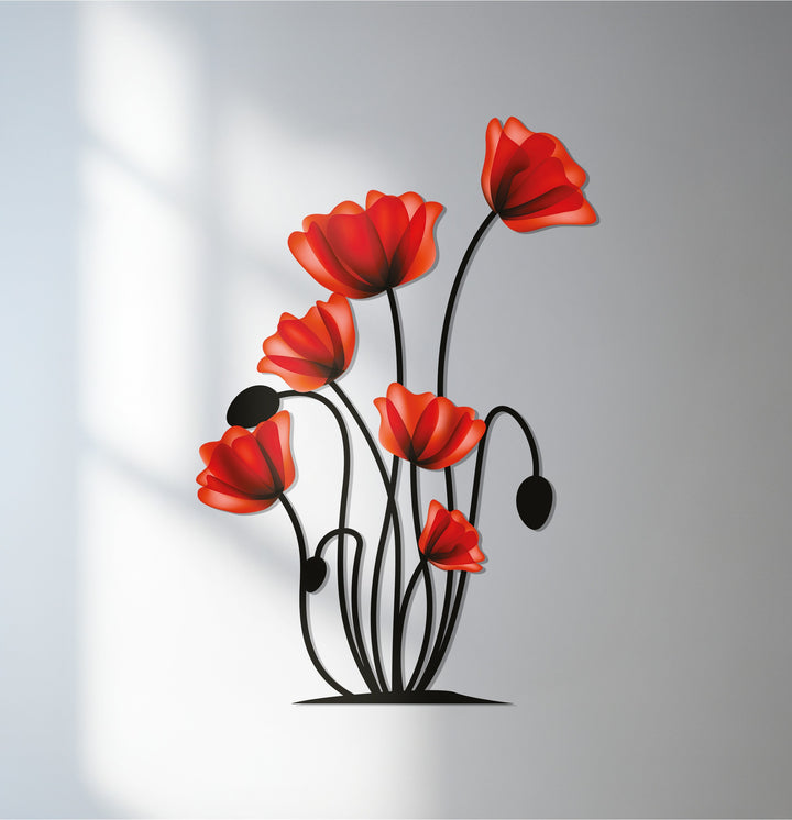 Crafted from durable metal, this red poppy flowers metal wall decor showcases the material's intricate detailing and lasting quality in botanical art.