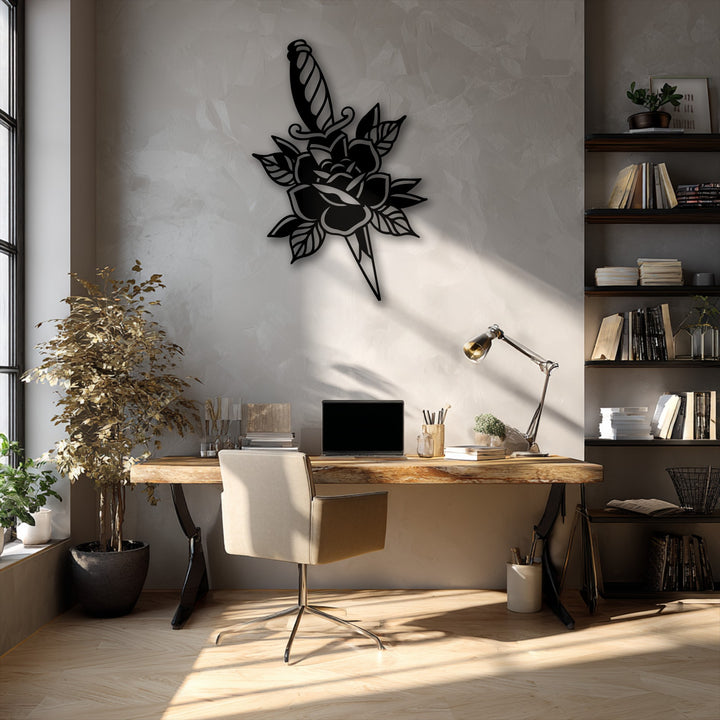 The stillness of a sunlit home office is accentuated by the striking Rose & Dagger Silhouette metal artwork on the textured wall.