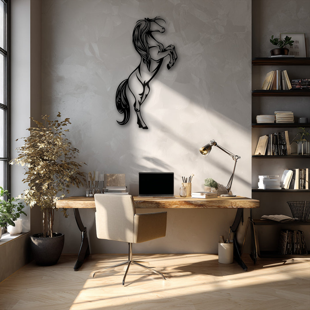 The darkest area on the wall features a striking rearing horse metal art for wall, a dynamic animal silhouette design.