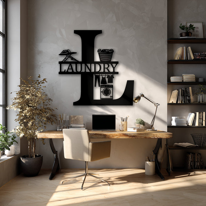A prominent black personalized laundry room monogram 'L' with custom initial design serves as striking metal art for wall decor.