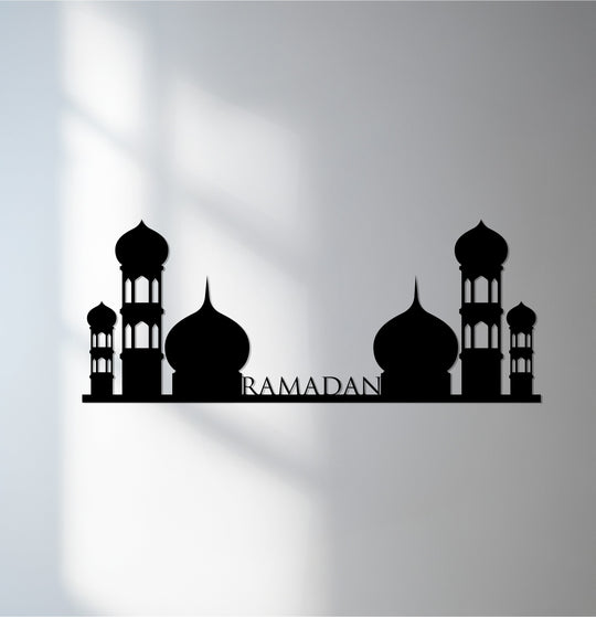 Highlighting the abstract quality, this decorative metal art features the clean lines of a Ramadan mosque skyline, creating a minimalist, evocative Islamic art piece.