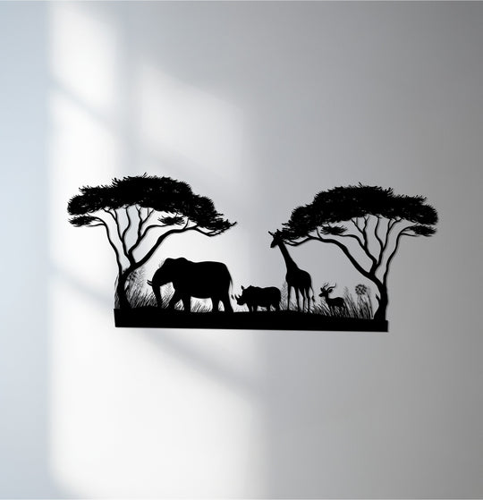 High color contrast showcases a black African safari silhouette as unique metal wall art, featuring wildlife animals under acacia trees.