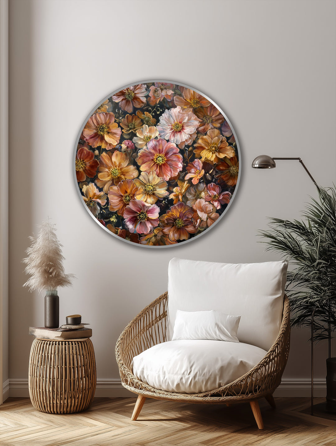 Brightest area highlights the luminous white and pink blossoms in this round autumn bloom symphony oil painting home decor, offering a warm floral accent to a sophisticated room.