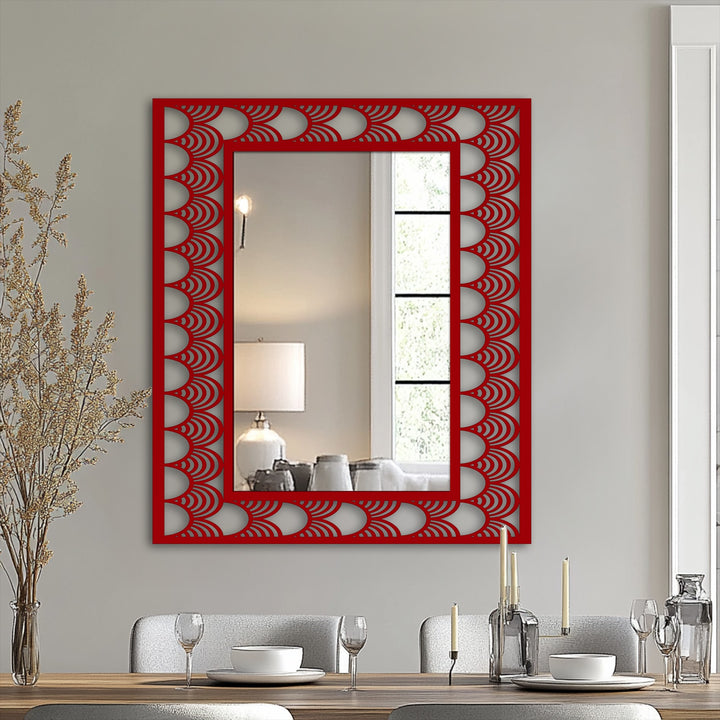 Mirror for wall decor with an art deco wave pattern creates intriguing depth and layers, reflecting the surrounding room within its sleek frame.