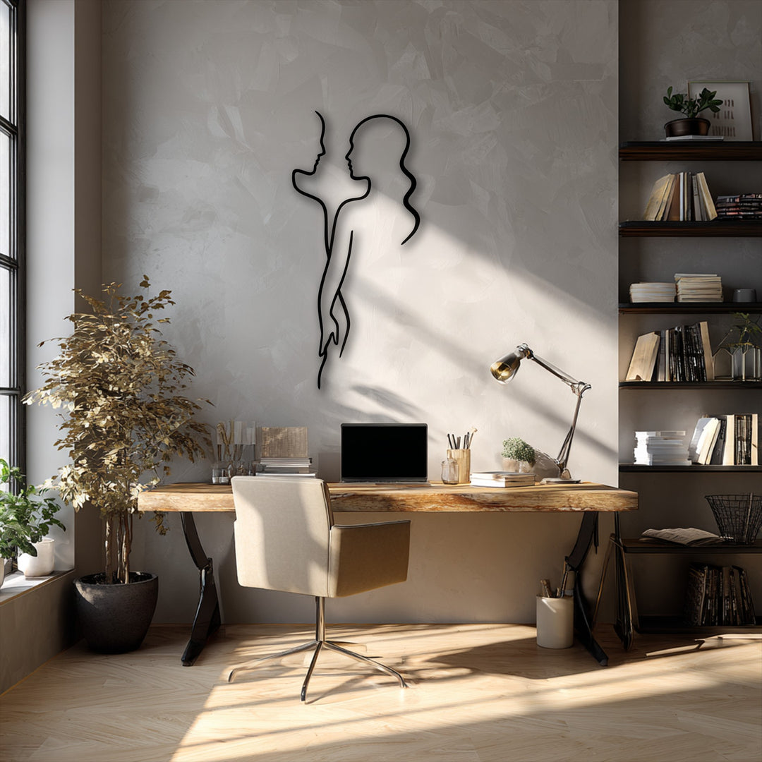 The visual rhythm of the minimal couple line metal art for wall is enhanced by the interplay of light and shadow in this modern workspace.