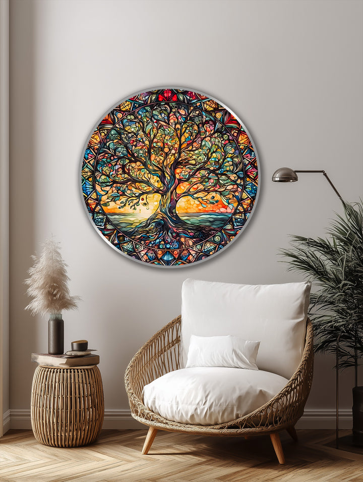 Transitions between colors define this vibrant stained glass effect Tree of Life round oil painting, a striking piece of oil painting decoration in this harmonious design.