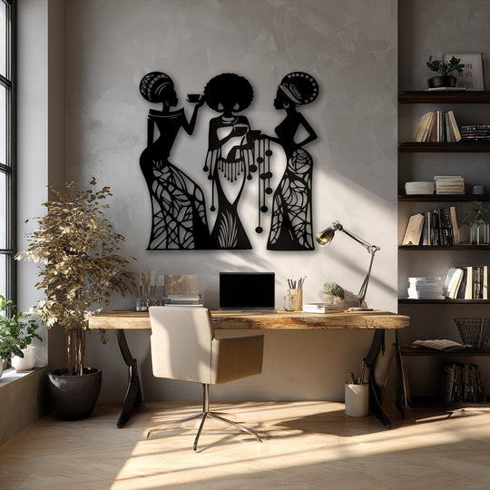Vertically oriented, tall, and slender silhouettes of three women depict a captivating abstract decorative metal art scene.