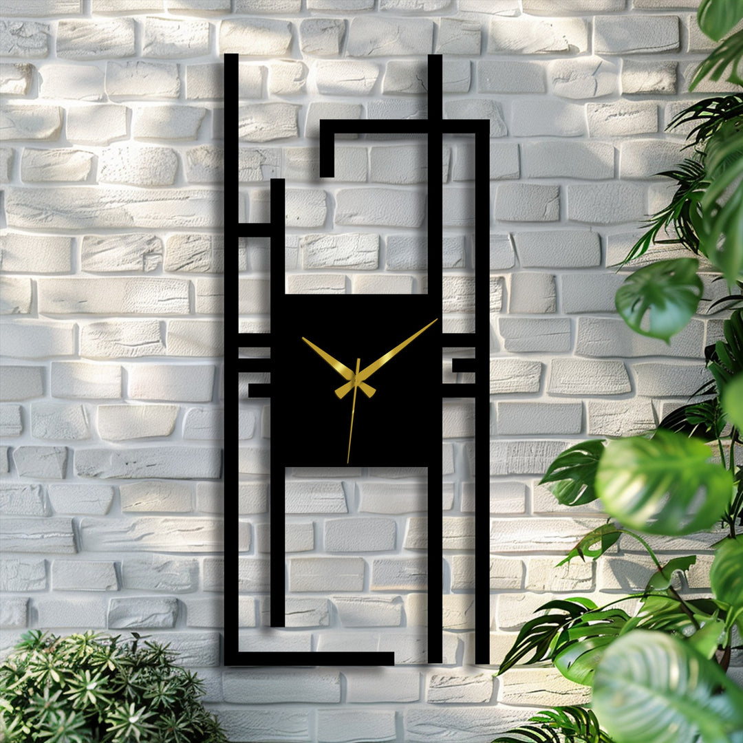Light reflections soften the sleek lines of this modern vertical abstract metal wall clock, a geometric decoration wall art piece enhancing a textured brick wall.