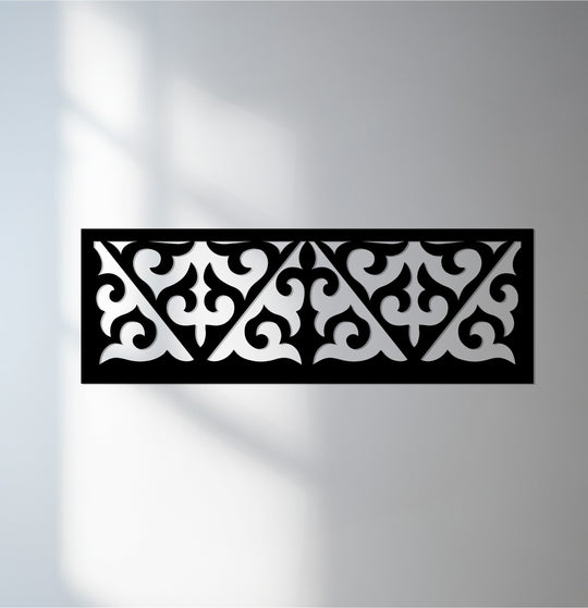 Focusing on the abstract quality, this metal wall decor showcases an ornamental geometric panel, presenting complex interplays of light and shadow in a laser-cut design.