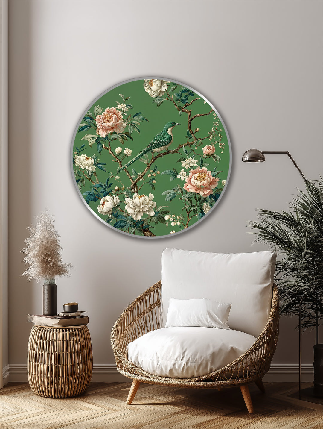 Emerald Songbird Among Blossoms Round Oil Painting