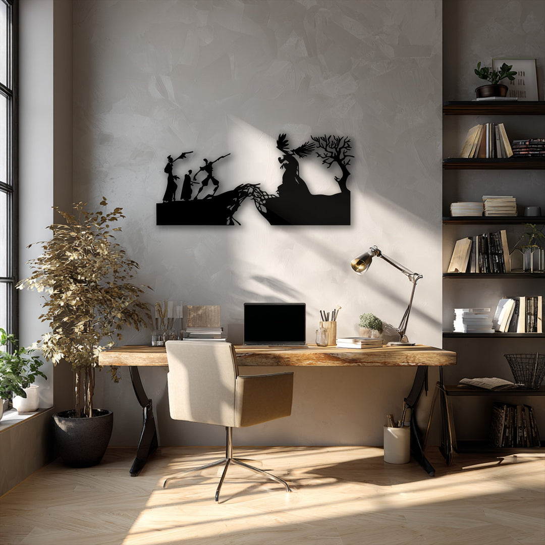 The darkest area prominently features the decorative metal art, showcasing dramatic mythological silhouettes and a creation scene.