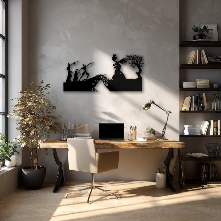 The darkest area prominently features the decorative metal art, showcasing dramatic mythological silhouettes and a creation scene.