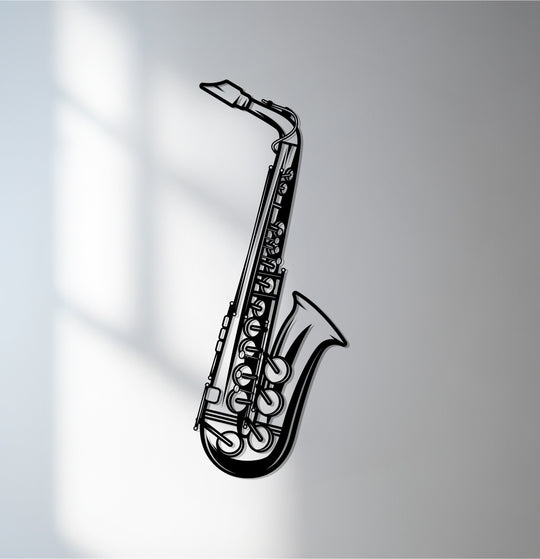 Background shows a white and gray wall with light patterns highlighting the decorative metal art featuring a saxophone, adding depth to the jazz music home decor.