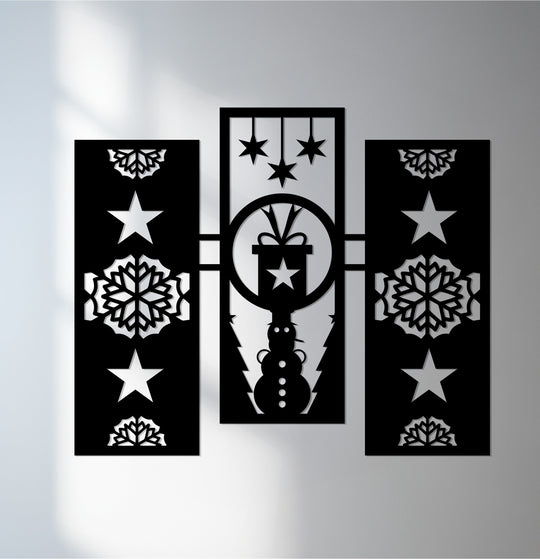 Illuminated by the room's light, this geometric Christmas metal art for wall features a charming snowman, gift, stars, and snowflakes cutout design.