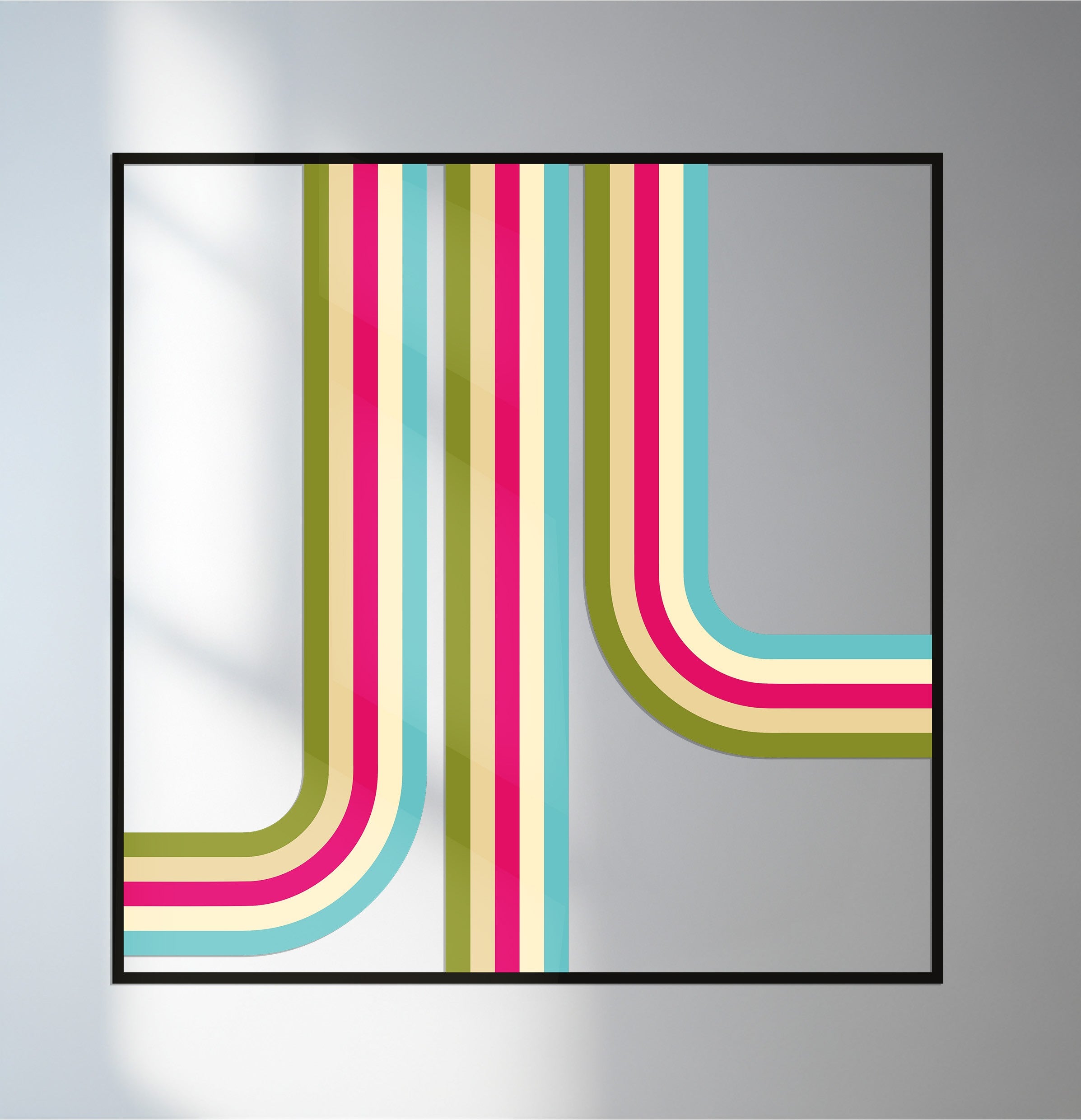 The foreground detail showcases the bold stripes and curved lines of this retro lines metal wall art, a striking piece of metal wall decor with a colorful geometric design.