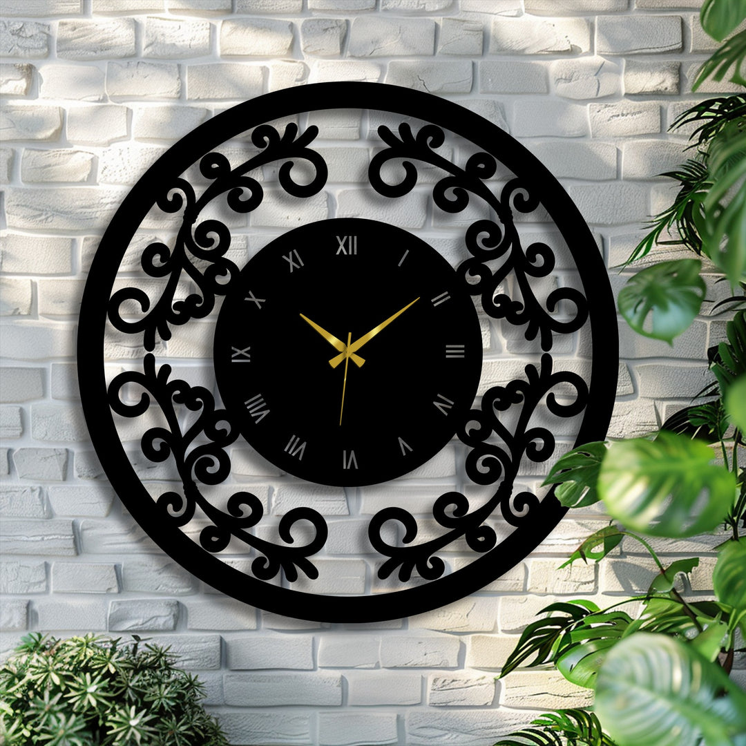 White bricks behind the ornamental floral frame vintage decorative metal art clock offer the image's softest element, contrasting with the black and gold clock face.