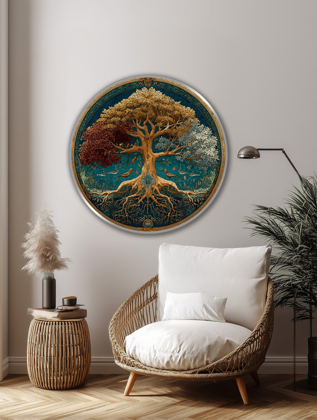Inviting and serene, this symbolic round oil painting art piece, featuring the tree of seasons, enhances the space with warmth and organic elegance.