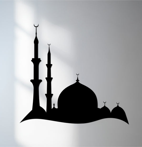 Black decoration wall art showcases an elegant metal wall art featuring a mosque silhouette with minarets and domes, highlighting its minimalist design.