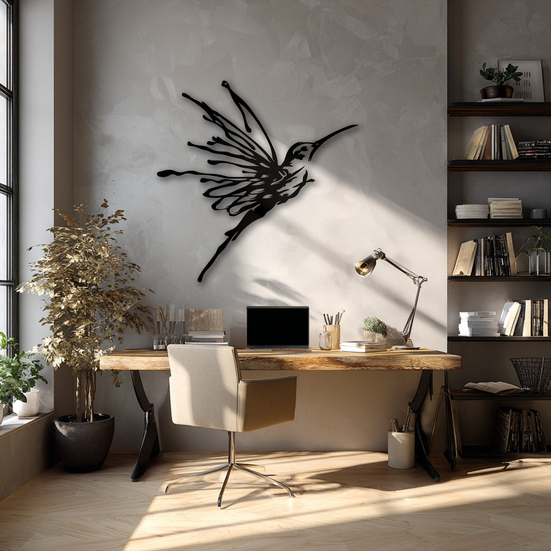 The sharp edges and fluid borders of the elegant flying hummingbird metal wall decor stand out against the textured wall.