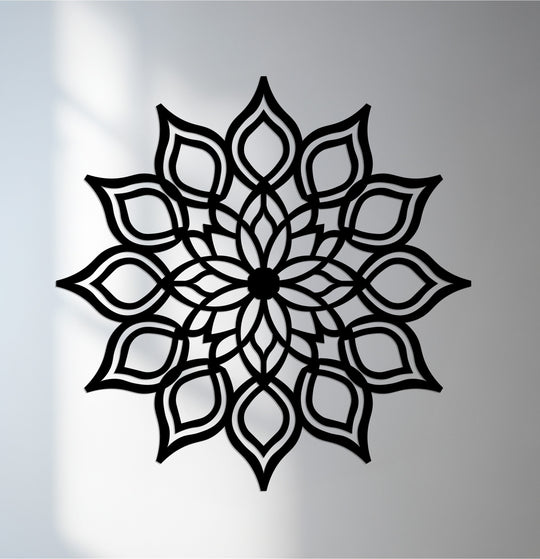 Laser-cut mandala, the central subject, showcases intricate details in a decoration wall art design, depicting a radiant lotus and adding zen harmony.