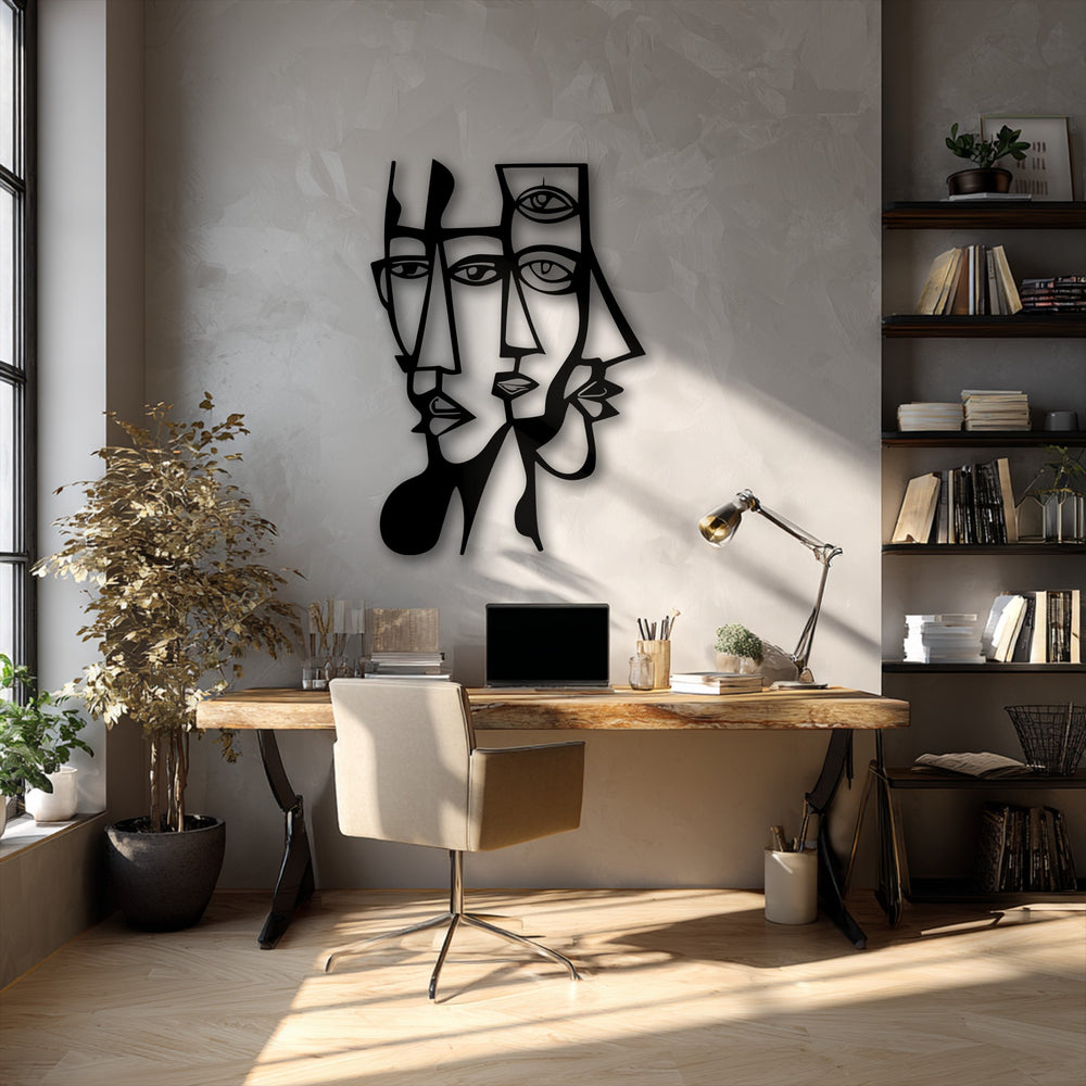Negative space cleverly defines the silhouettes of abstract dual faces with geometric lines, forming a compelling piece of decoration wall art.
