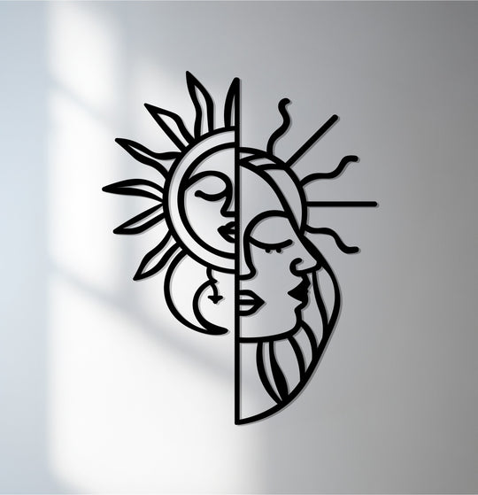 Bold, black lines create a stunning decorative metal art sun and moon face, highlighting the loudest element of this celestial harmony wall decor.